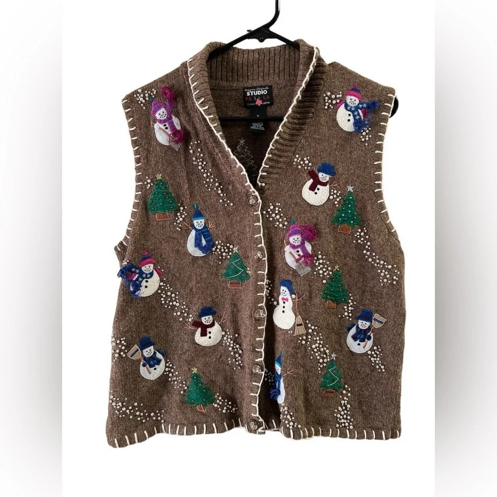 Vintage Christmas embroidered beaded sweater vest